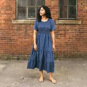 Large Blue Black Floral Kranda Flowy Maxi Dress Loose Sleeves Cottage Core